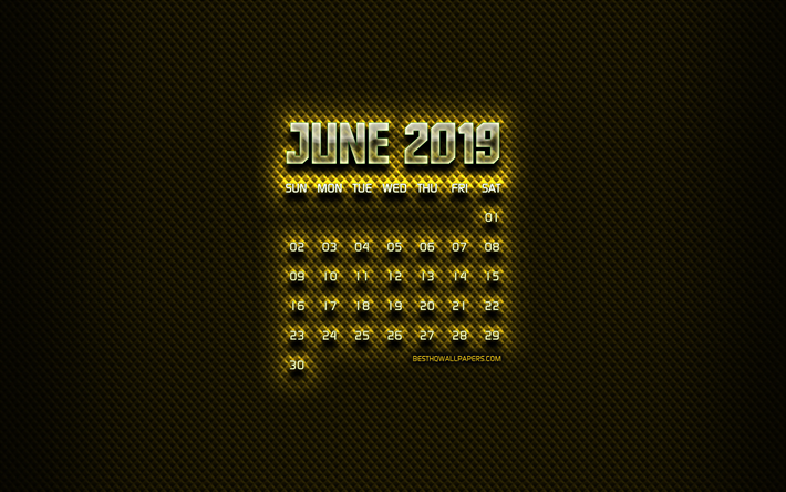 De junio de 2019 Calendario, cristal amarillo d&#237;gitos, de junio de 2019 calendario, fondo amarillo, creativo, de junio de 2019 calendario con vidrio d&#237;gitos, el Calendario de junio de 2019, junio de 2019 2019 calendarios