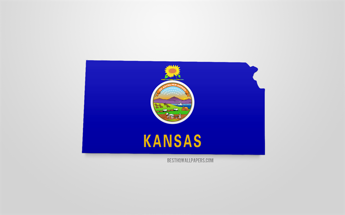 3d-flagga i Kansas, karta siluett of Kansas, AMERIKANSKA staten, 3d-konst, Kansas 3d-flagga, USA, Nordamerika, Kansas, geografi, Kansas 3d siluett