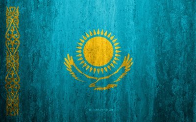 Flaggan i Kazakstan, 4k, sten bakgrund, grunge flagga, Europa, Kazakstan flagga, grunge konst, nationella symboler, Kazakstan, sten struktur