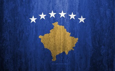 Flag of Kosovo, 4k, stone background, grunge flag, Europe, Kosovo flag, grunge art, national symbols, Kosovo, stone texture