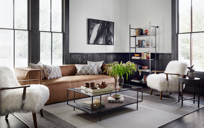 elegant vardagsrum, modern design och interi&#246;r, brun stor skinnsoffa, vit p&#228;ls stolar, vit svart vardagsrum