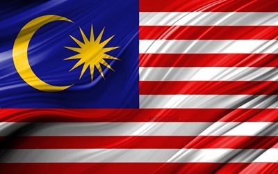 4k, Malaysiska flaggan, Asiatiska l&#228;nder, 3D-v&#229;gor, Flaggan i Malaysia, nationella symboler, Malaysia 3D-flagga, konst, Asien, Malaysia