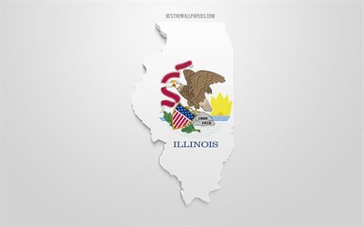 &quot;Illinois 3d bayrak, Illinois, ABD devlet harita siluet, 3d sanat, Illinois 3d bayrak, AMERİKA, Kuzey Amerika, coğrafya, Illinois 3d siluet