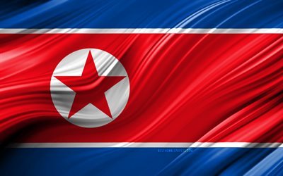 4k, Nordkoreanska flaggan, Asiatiska l&#228;nder, 3D-v&#229;gor, Flagga av Nordkorea, nationella symboler, Nordkorea 3D-flagga, konst, Asien, Nordkorea