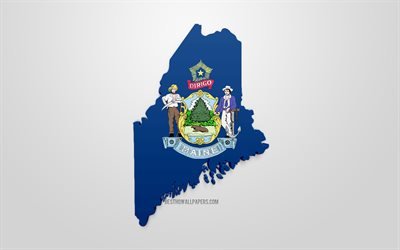 3d de la bandera del estado de Maine, mapa de la silueta de Maine, estado de EEUU, arte 3d, Maine 3d de la bandera, estados UNIDOS, Am&#233;rica del Norte, Maine, geograf&#237;a, Maine 3d silueta