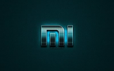 Xiaomi glitter logo, creative, blue metal background, Xiaomi logo, brands, Xiaomi