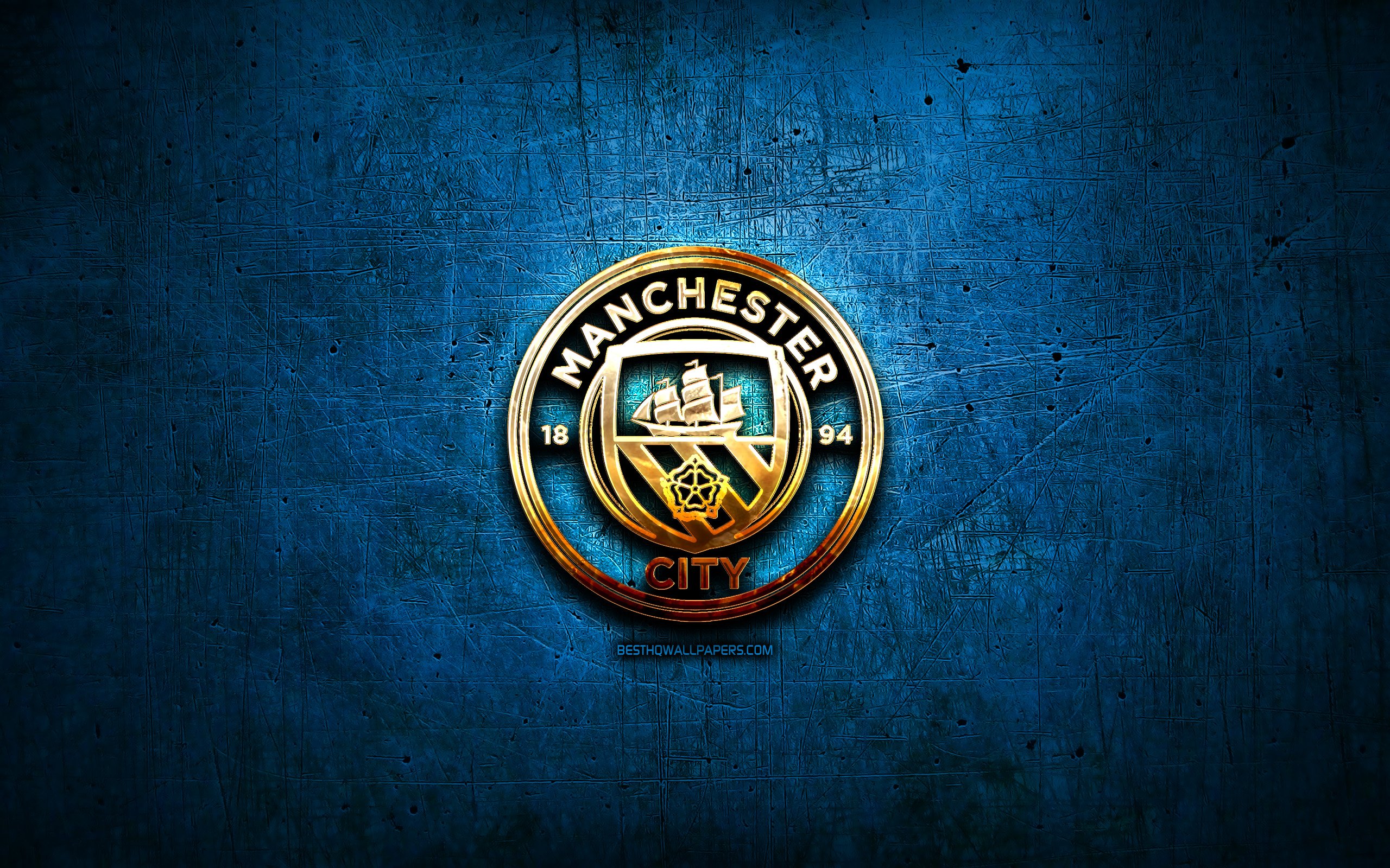 Download wallpapers Manchester City FC, golden logo, Premier League, blue  abstract background, soccer, english football club, Manchester City logo,  football, Manchester City, England for desktop with resolution 2560x1600.  High Quality HD pictures
