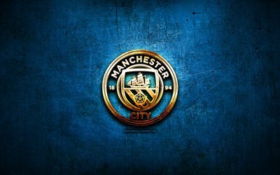 Manchester City FC, golden logo, Premier League, blue abstract background, soccer, english football club, Manchester City logo, football, Manchester City, England