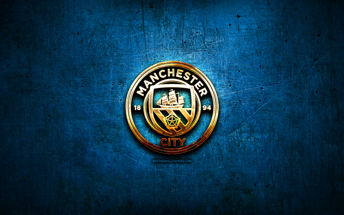 Manchester City FC, golden logotyp, Premier League, bl&#229; abstrakt bakgrund, fotboll, engelska football club, Manchester City-logotypen, Manchester City, England
