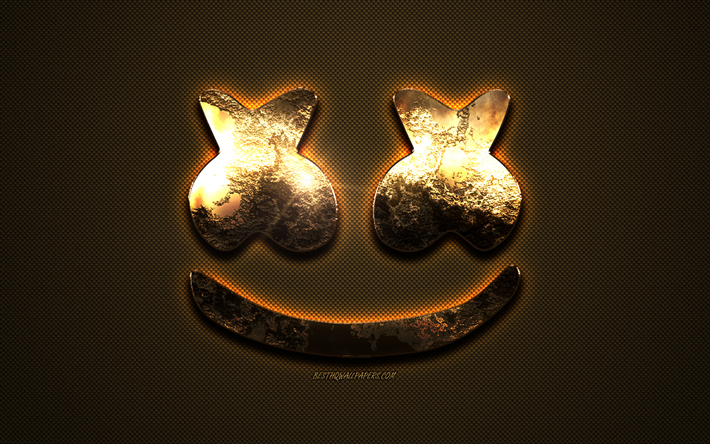 Marshmello oro logo, creativo, arte, d&#39;oro texture, American DJ, marrone fibra di carbonio trama, Marshmello emblema d&#39;oro, Marshmello, marche