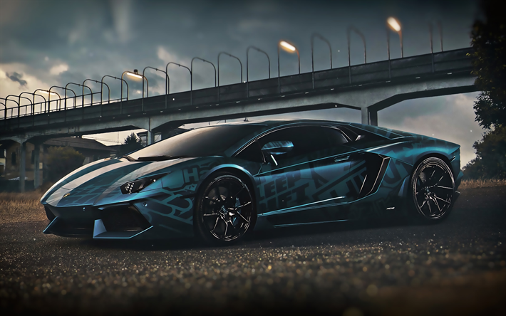 Lamborghini Aventador, tuning, 2019 carros, supercarros, a escurid&#227;o, azul supercarro, Italiana de carros esportivos, Personalizado Aventador, carros italianos, Lamborghini