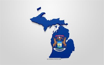 3d de la bandera de Michigan, mapa de la silueta de Michigan, estado de EEUU, arte 3d, Michigan 3d de la bandera, estados UNIDOS, Am&#233;rica del Norte, Michigan, geograf&#237;a, Michigan 3d silueta