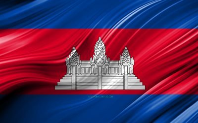 4k, الكمبودي العلم, البلدان الآسيوية, 3D الموجات, علم كمبوديا, الرموز الوطنية, كمبوديا 3D العلم, الفن, آسيا, كمبوديا