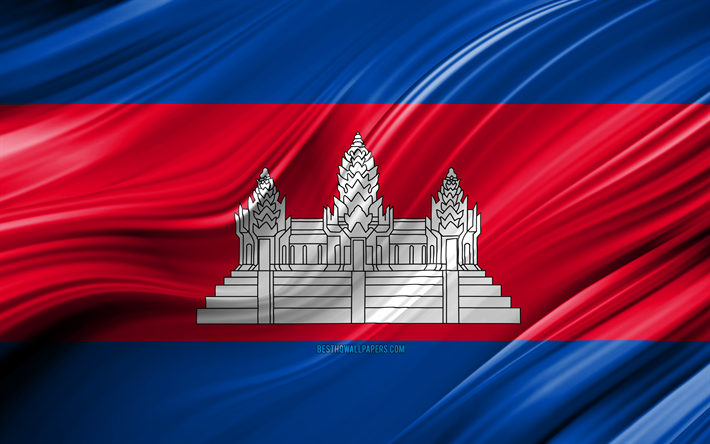 4k, カンボジア国旗, アジア諸国, 3D波, 旗のカンボジア, 国立記号, カンボジアの3Dフラグ, 美術, アジア, カンボジア