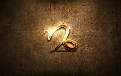Oğlak BURCU sembol&#252; altın, kahverengi metal arka plan, bur&#231; sembolleri, Oğlak BURCU, astroloji, astrolojik işareti, yıldız Falı, yaratıcı sanat, Oğlak zodyak sembol