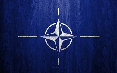 Flagga av NATO, 4k, sten bakgrund, grunge flagga, NATO-flagg, grunge konst, North Atlantic Treaty Organisation, internationella organisationer, NATO, sten struktur