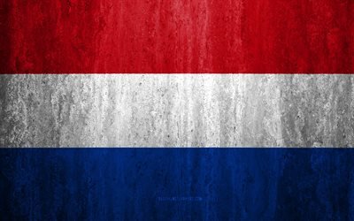 Flag of Netherlands, 4k, stone background, grunge flag, Europe, Netherlands flag, grunge art, national symbols, Netherlands, stone texture