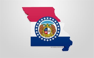 3d-flag of Missouri, karta siluett of Missouri, AMERIKANSKA staten, 3d-konst, Missouri 3d-flagga, USA, Nordamerika, Missouri, geografi, Missouri 3d siluett