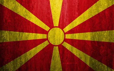 Flag of North Macedonia, 4k, stone background, grunge flag, Europe, North Macedonia flag, grunge art, national symbols, North Macedonia, stone texture