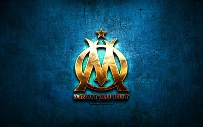 Olympique Marseille FC, golden logo, Ligue 1, blue abstract background, soccer, french football club, Olympique Marseille logo, football, Olympique Marseille, France, OM