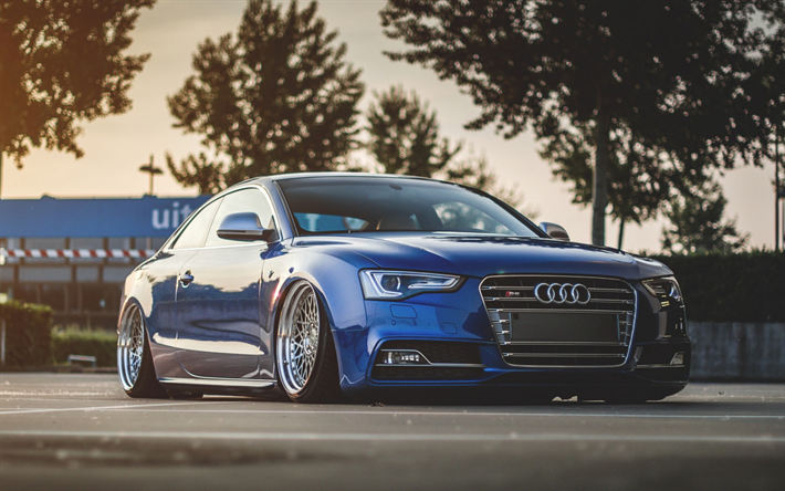 Audi S5, blue sports coupe, tuning S5, sunset, evening, German cars, Audi