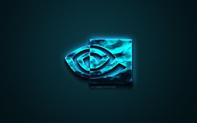 Nvidia blue logo, blue carbon fiber background, official logo, Nvidia emblem, dark blue background, Nvidia, logo, brands