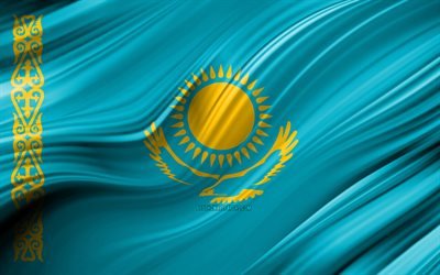 4k, Kazakstanin lippu, Aasian maissa, 3D-aallot, Lipun Kazakstan, kansalliset symbolit, Kazakstan 3D flag, art, Aasiassa, Kazakstan
