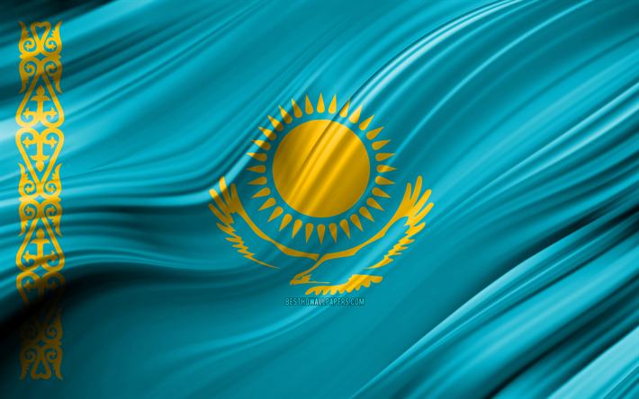 Kazakistan, ulusal semboller, Kazakistan 3D bayrak, sanat 4k, Kazakistan bayrak, Asya &#252;lkeleri, 3D dalgalar, Bayrak, Asya