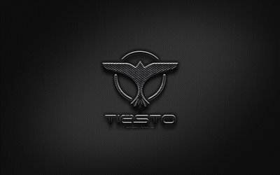 Tiesto black logo, music stars, creative, metal grid background, Tiesto logo, brands, Tiesto