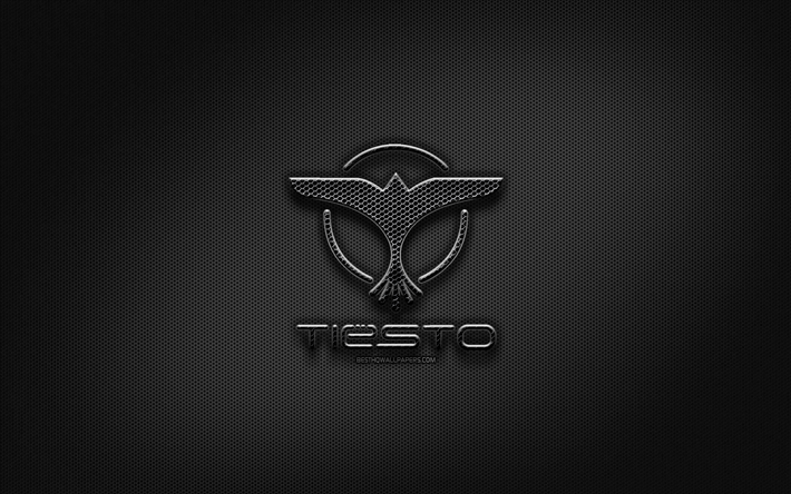 Tiesto logotipo negro, estrellas de la m&#250;sica, creativo, rejilla de metal de fondo, Tiesto logotipo, marcas, Tiesto