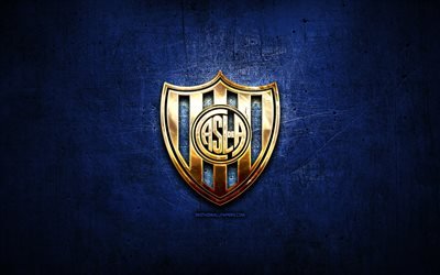 San Lorenzo FC, golden logo, Argentine Primera Division, blue abstract background, soccer, Argentinian football club, San Lorenzo logo, football, CA San Lorenzo de Almagro, Argentina
