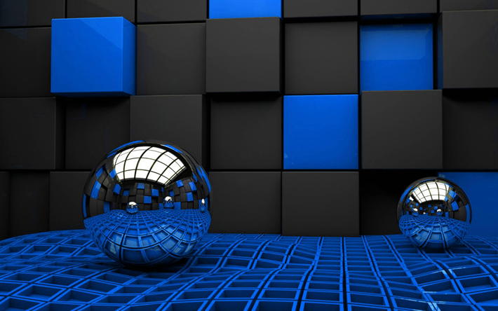 metalli-3D-aloilla, 4k, sininen ja musta kuutiot, 3D-metalli pallot, aloilla, kuutiot, 3D art