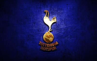 Tottenham Hotspur FC, kultainen logo, Premier League, sininen abstrakti tausta, jalkapallo, englannin football club, Tottenham Hotspur-logo, Tottenham Hotspur, Englanti