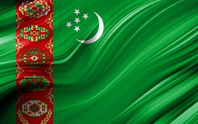 4k, トゥルクメンのフラグ, アジア諸国, 3D波, 旗のトルクメニスタン, 国立記号, トルクメニスタンの3Dフラグ, 美術, アジア, トルクメニスタン