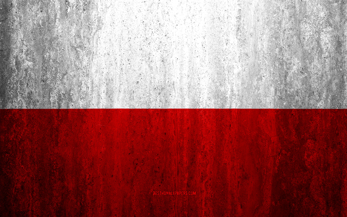 Flagg, 4k, grunge bakgrund, grunge flagga, Europa, Polska flaggan, konst, nationella symboler, Polen, sten struktur