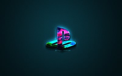 PlayStation renkli logo, PS4, yaratıcı mavi sanat, PlayStation amblemi, koyu mavi arka plan, PlayStation, logo, marka