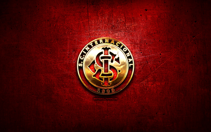 Internacional FC, golden logo, Brazilian Seria A, red metal background, soccer, brazilian football club, Internacional logo, football, SC Internacional, Brazil