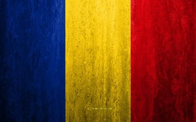 Flag of Romania, 4k, stone background, grunge flag, Europe, Romania flag, grunge art, national symbols, Romania, stone texture