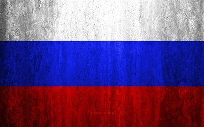Flag of Russia, 4k, stone background, grunge flag, Europe, Russia flag, grunge art, national symbols, Russia, stone texture