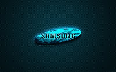 Samsung blue logo, creative blue art, Samsung emblem, dark blue background, Samsung, logo, brands