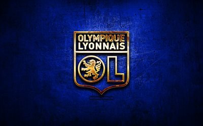 L&#39;Olympique Lyonnais FC, logo oro, Lega 1, blu, astratto sfondo, il calcio, il calcio francese club, Olympique Lyonnais, logo, calcio, Francia, OL