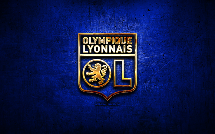 Olympique Lyonnais-FC, golden logotyp, Liga 1, bl&#229; abstrakt bakgrund, fotboll, franska fotbollsklubben, Olympique Lyonnais logotyp, Olympique Lyonnais, Frankrike, OL