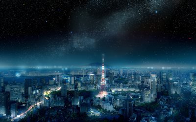La Torre de tokio, noche, paisaje urbano, Tokio, cielo de la noche, metropolis, Jap&#243;n