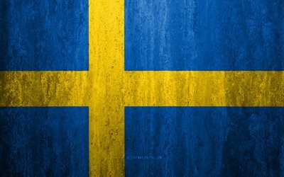 Flag of Sweden, 4k, stone background, grunge flag, Europe, Sweden flag, grunge art, national symbols, Sweden, stone texture