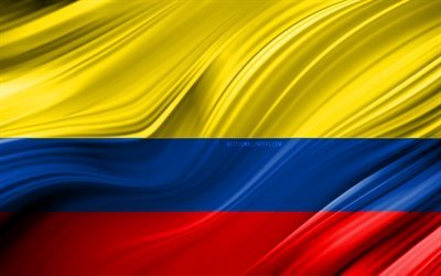 Kolombiya, ulusal semboller, Kolombiya 3D bayrak, sanat, G&#252;ney Amerika, Kolombiya 4k, Kolombiya bayrağı, G&#252;ney Amerika &#252;lkeleri, 3D dalgalar Bayrağı