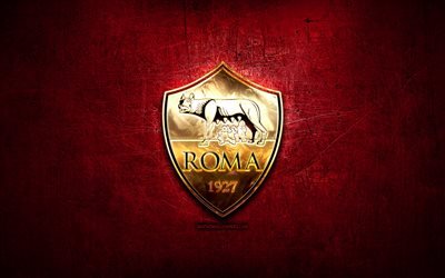 AS Roma, golden logo, Serie A, purple abstract background, soccer, italian football club, Roma logo, football, Roma FC, Italy