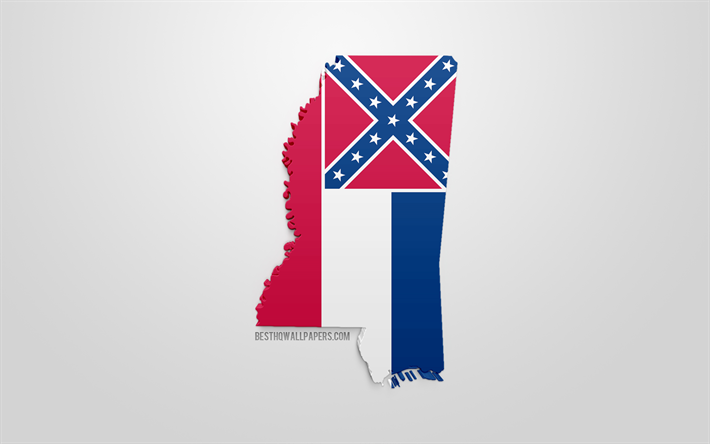 3d de la bandera de Mississippi, mapa de la silueta de Mississippi, de estado de EEUU, arte 3d, Mississippi 3d de la bandera, estados UNIDOS, Am&#233;rica del Norte, Mississippi, geograf&#237;a, Mississippi 3d silueta
