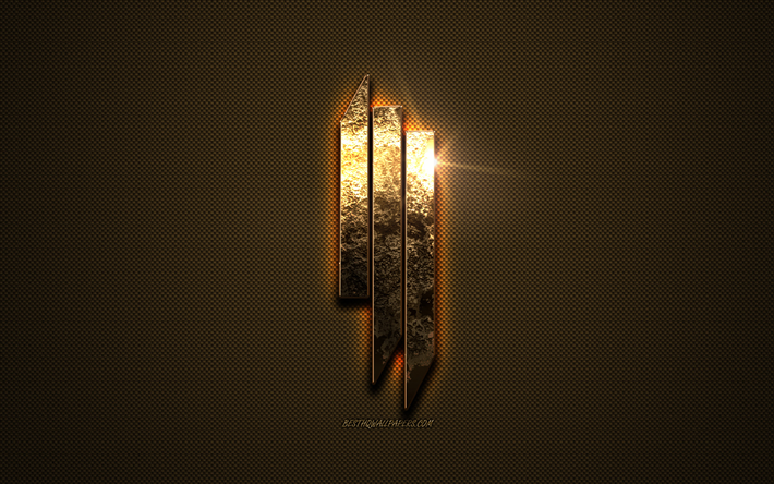Skrillex oro logo, creativo, arte, d&#39;oro texture, Sonny John Moore, American DJ, marrone fibra di carbonio trama, Skrillex emblema d&#39;oro, Skrillex, marche
