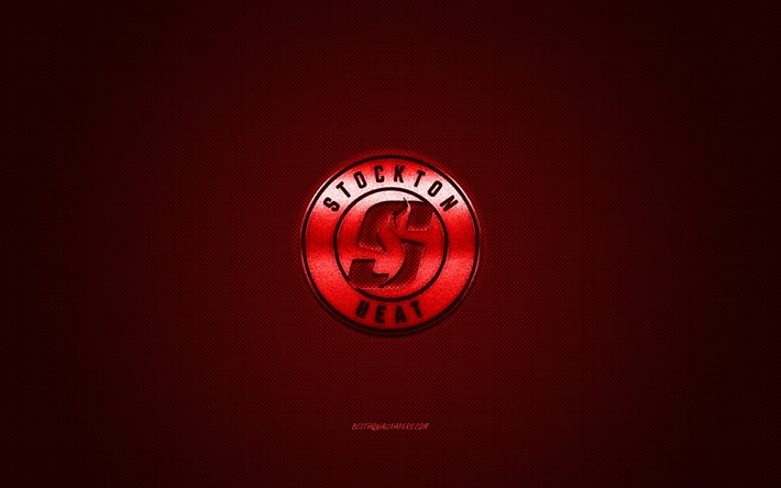 Stockton Heat, American hockey club, AHL, red logo, red carbon fiber background, hockey, Stockton, California, USA, Stockton Heat logo