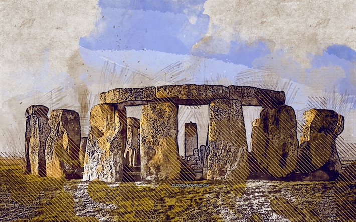 Stonehenge, Wiltshire, Inglaterra, grunge arte, arte criativa, pintado de Stonehenge, desenho, Stonehenge grunge, arte digital